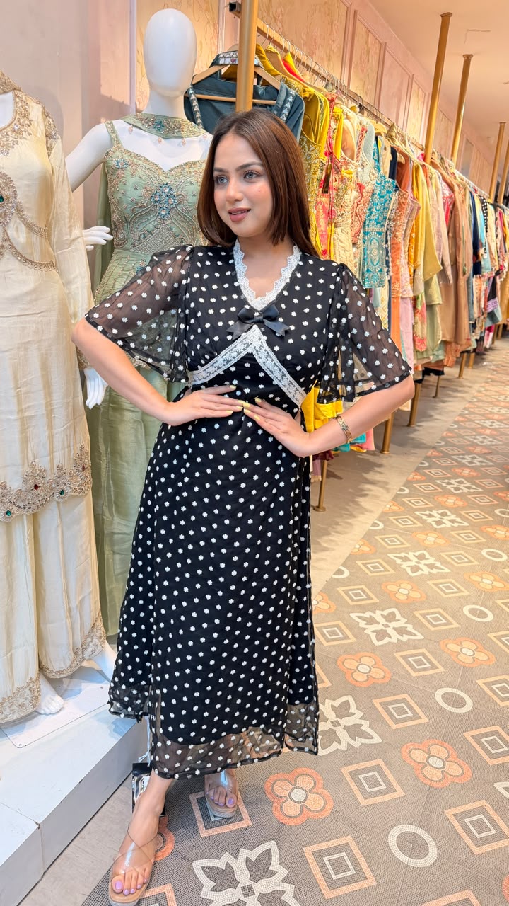 Black Swiss Dot Lace Trim Midi Dress
