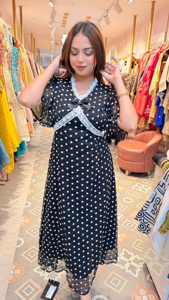 Black Swiss Dot Lace Trim Midi Dress