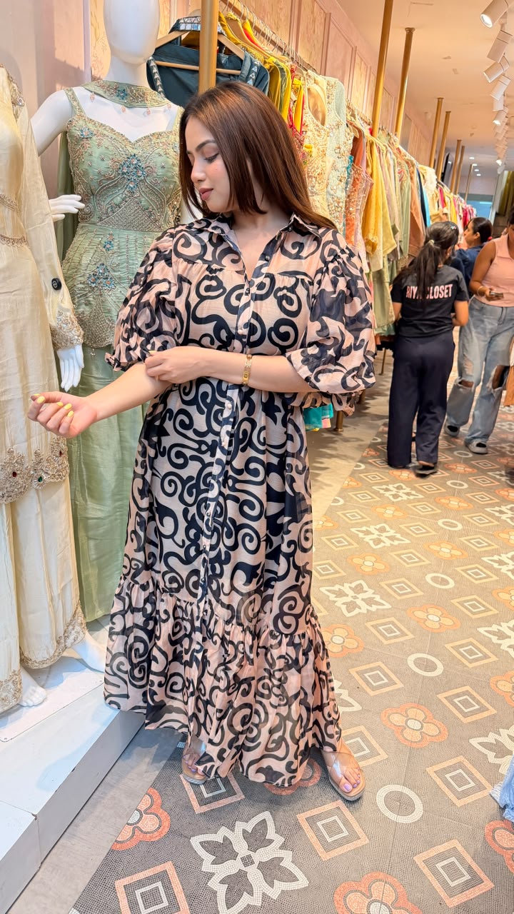 Abstract Swirl Printed Tiered Maxi Dress