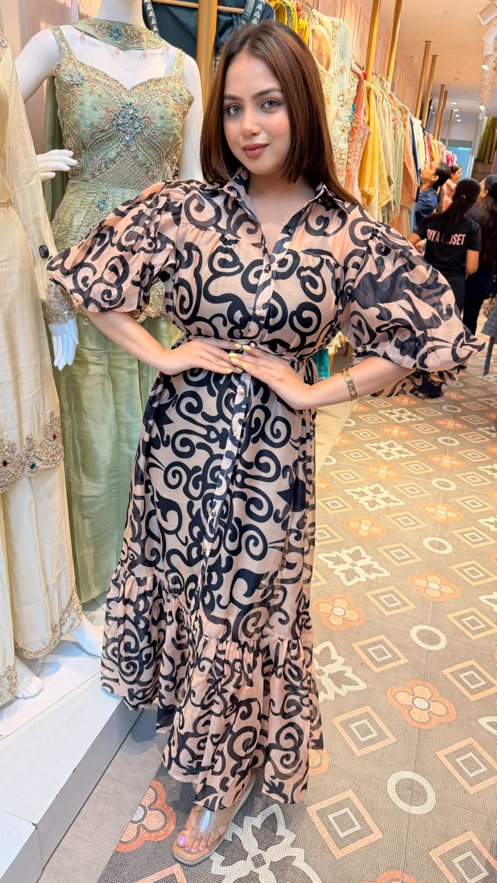 Abstract Swirl Printed Tiered Maxi Dress