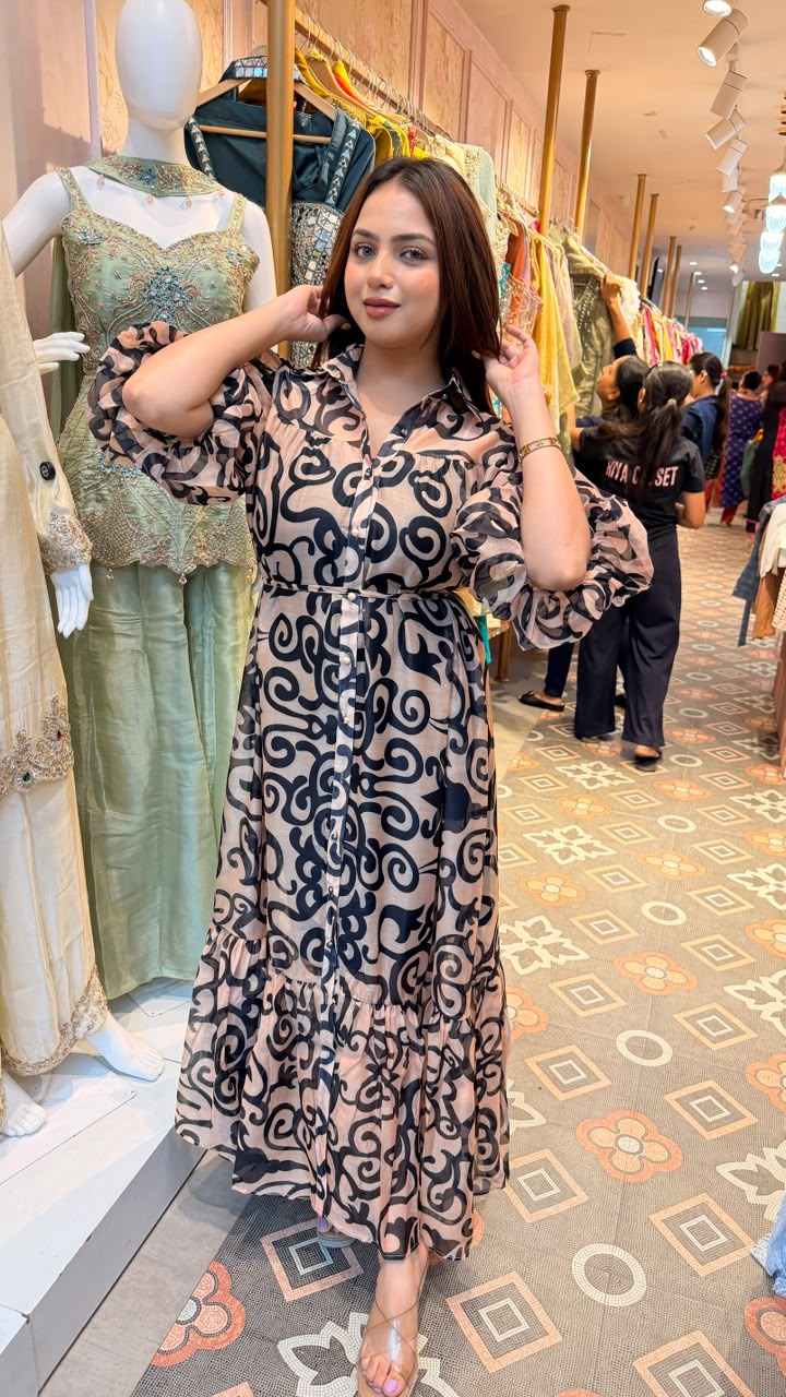 Abstract Swirl Printed Tiered Maxi Dress
