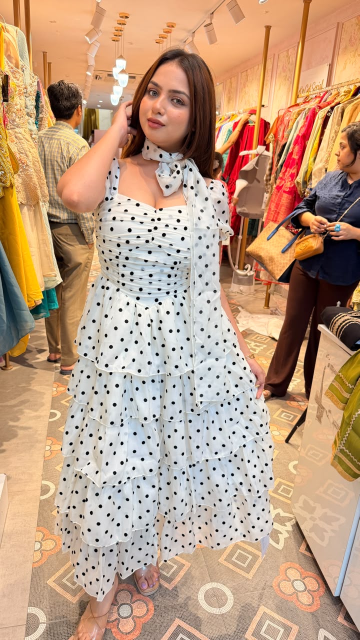 Polka Dot Tiered Ruffle Maxi Dress with Neck Scarf