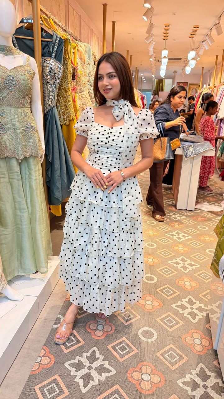 Polka Dot Tiered Ruffle Maxi Dress with Neck Scarf