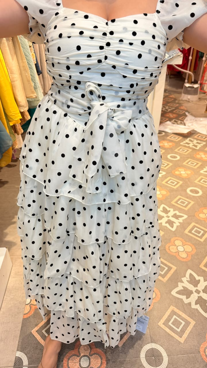 Polka Dot Tiered Ruffle Maxi Dress with Neck Scarf