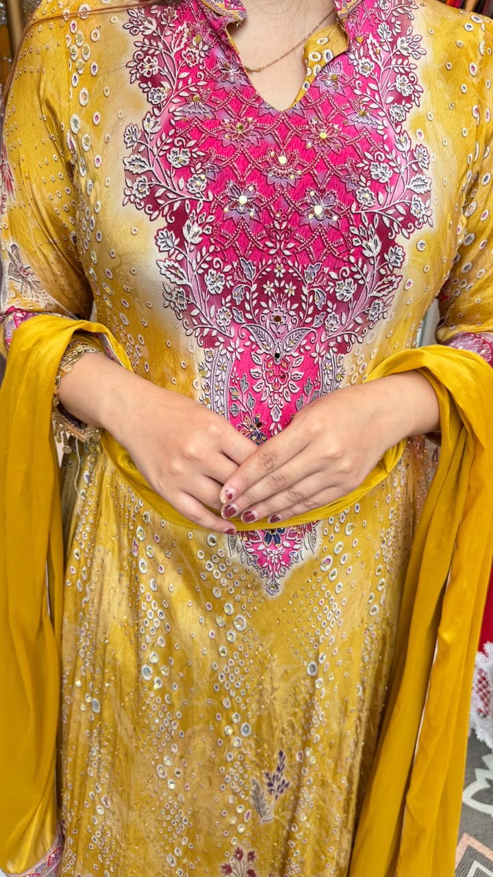 Mustard Yellow Bandhani-Style Anarkali Suit Set