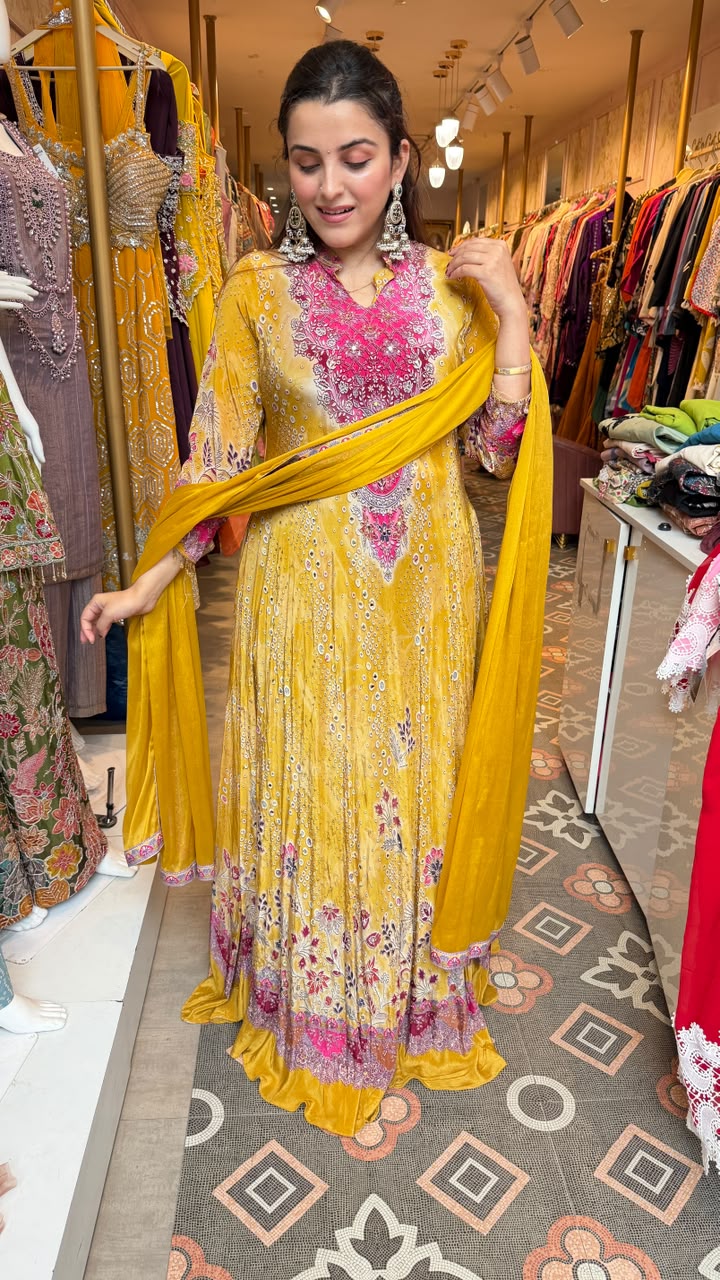 Mustard Yellow Bandhani-Style Anarkali Suit Set