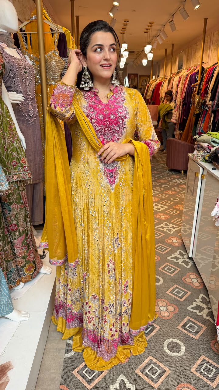 Mustard Yellow Bandhani-Style Anarkali Suit Set