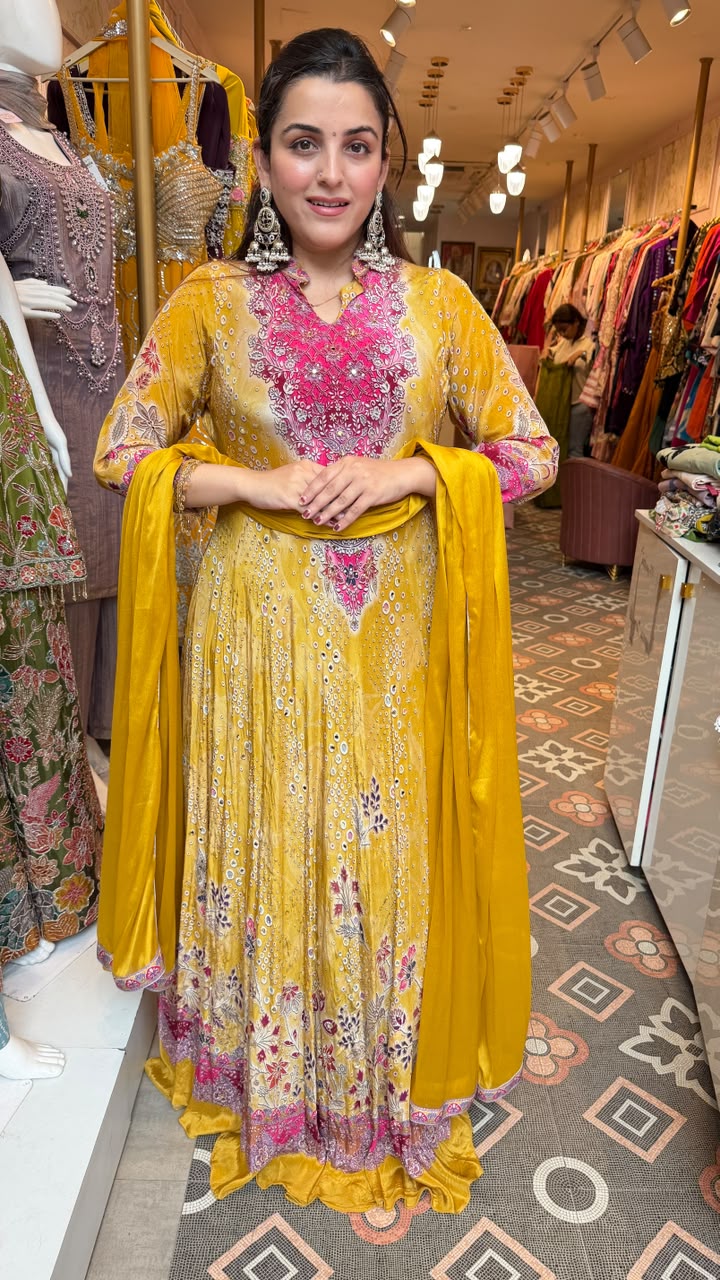 Mustard Yellow Bandhani-Style Anarkali Suit Set