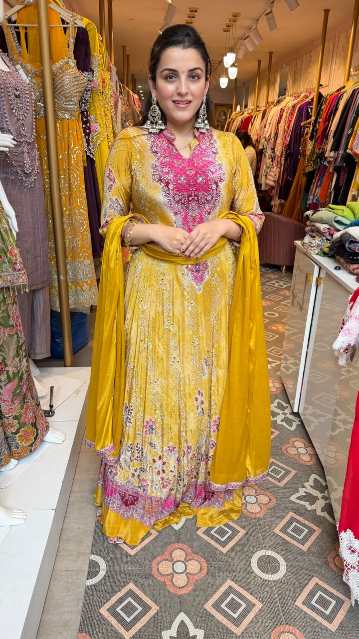 Mustard Yellow Bandhani-Style Anarkali Suit Set