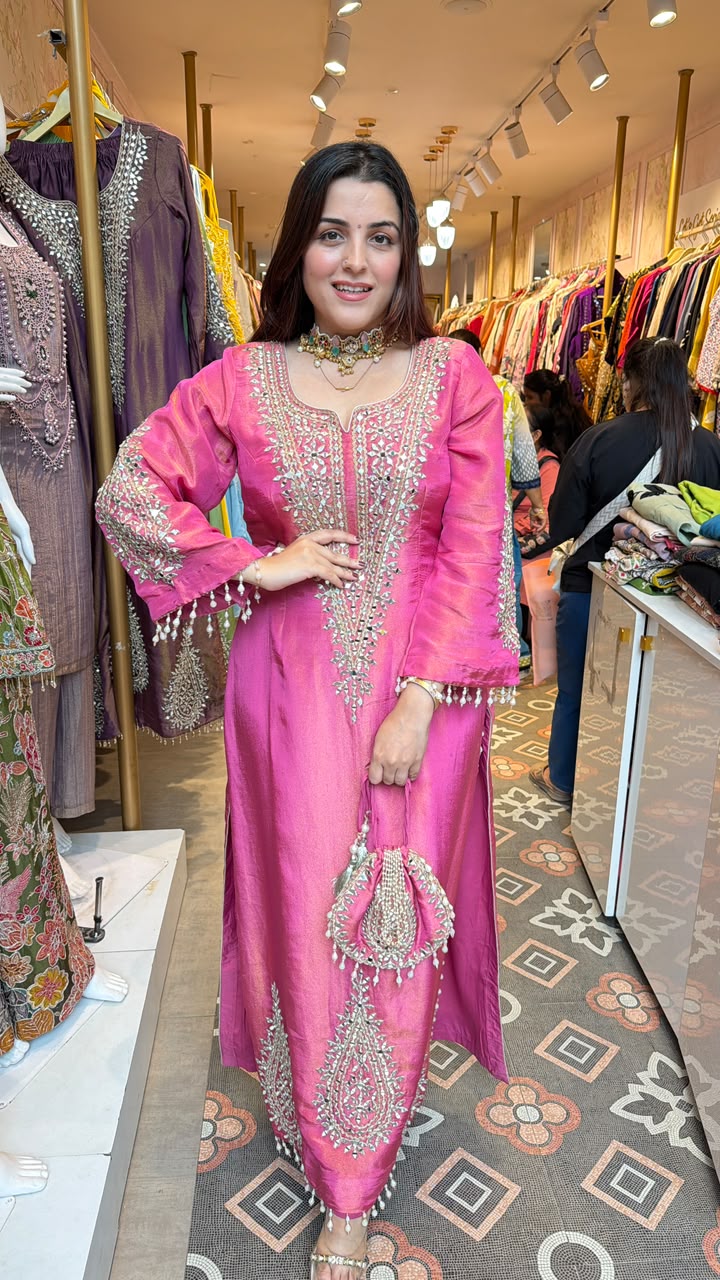 Fuchsia Pink Embroidered Straight Kurta