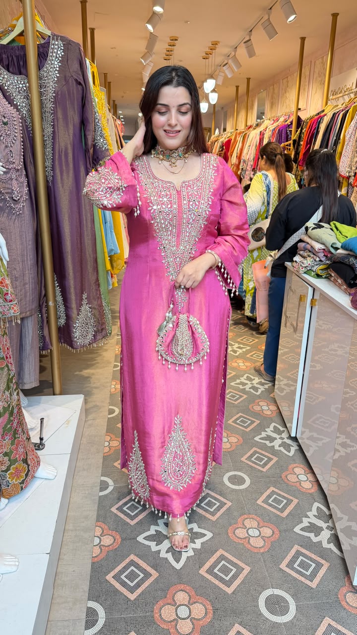 Fuchsia Pink Embroidered Straight Kurta