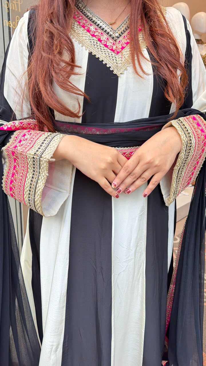 Black & Ivory Embroidered Angrakha-Style Anarkali Suit