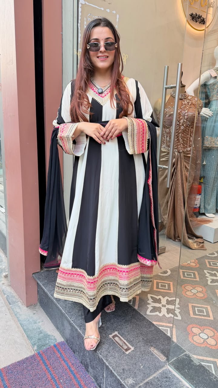 Black & Ivory Embroidered Angrakha-Style Anarkali Suit