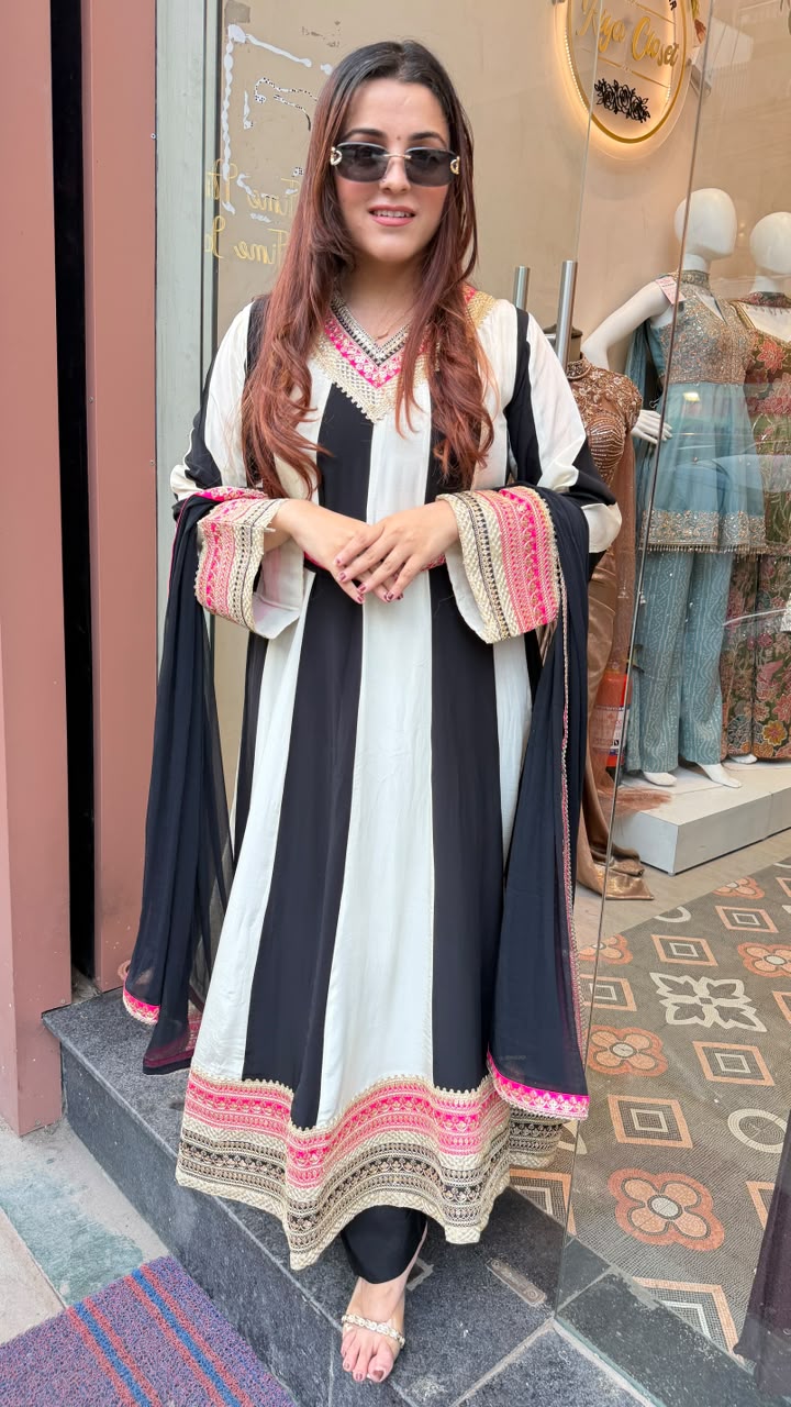 Black & Ivory Embroidered Angrakha-Style Anarkali Suit