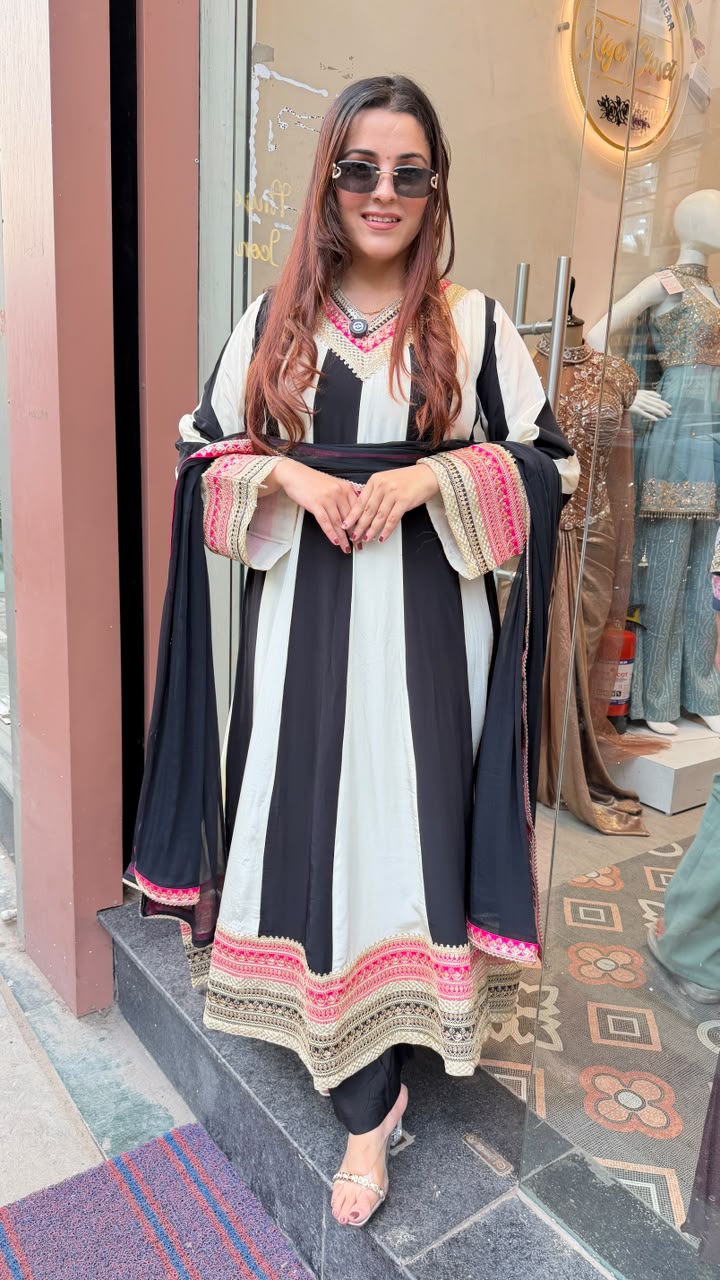 Black & Ivory Embroidered Angrakha-Style Anarkali Suit