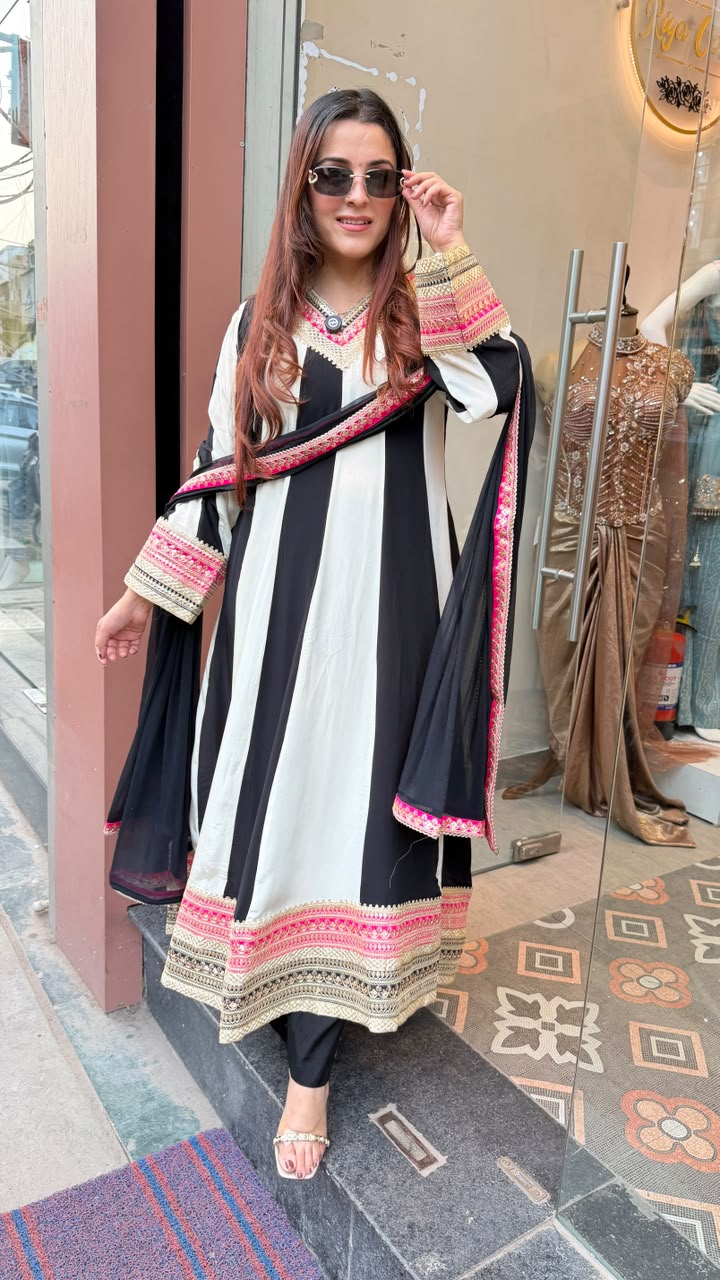 Black & Ivory Embroidered Angrakha-Style Anarkali Suit