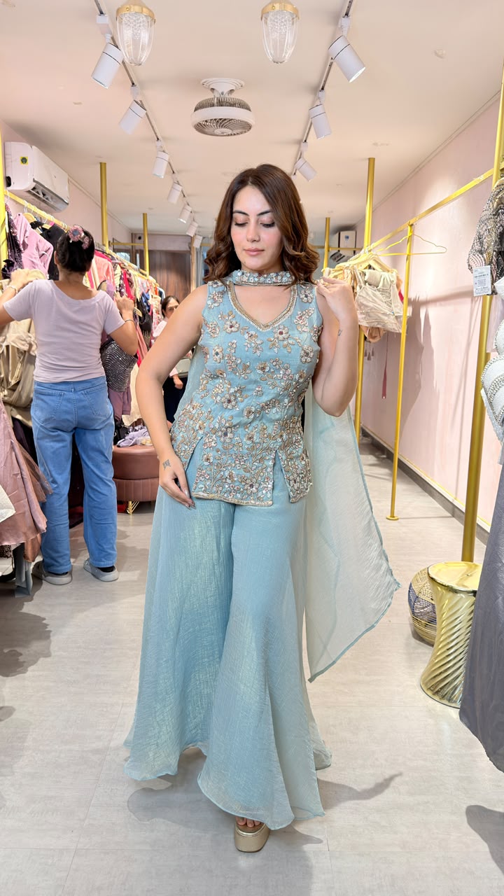 Floral Embroidered Peplum Sharara Set