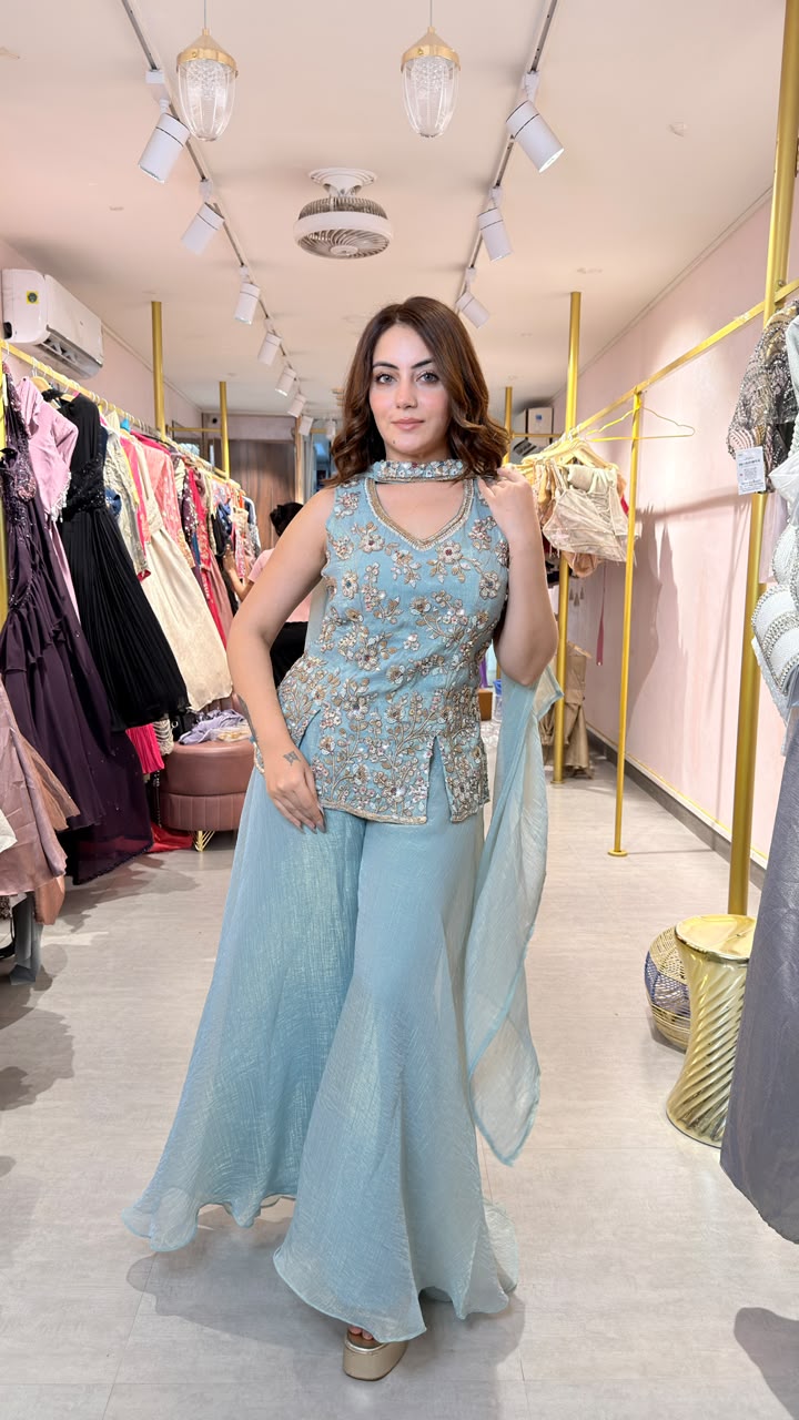 Floral Embroidered Peplum Sharara Set