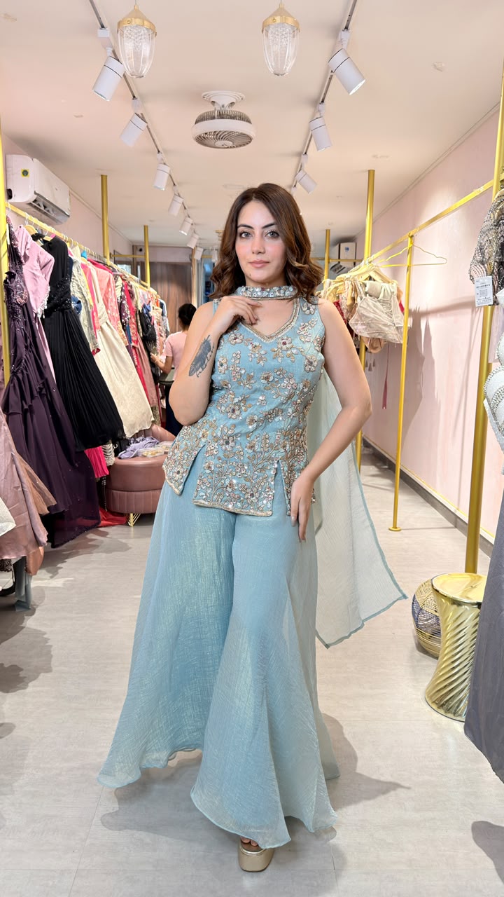 Floral Embroidered Peplum Sharara Set