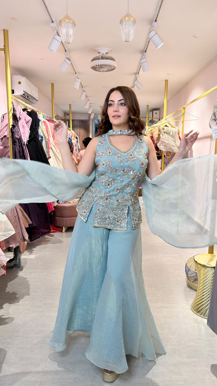 Floral Embroidered Peplum Sharara Set