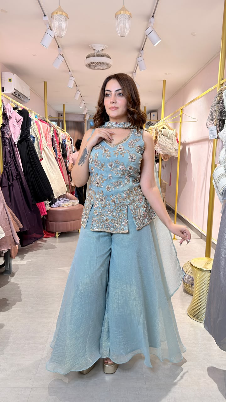 Floral Embroidered Peplum Sharara Set