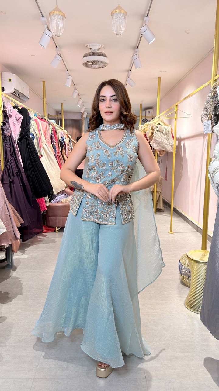 Floral Embroidered Peplum Sharara Set