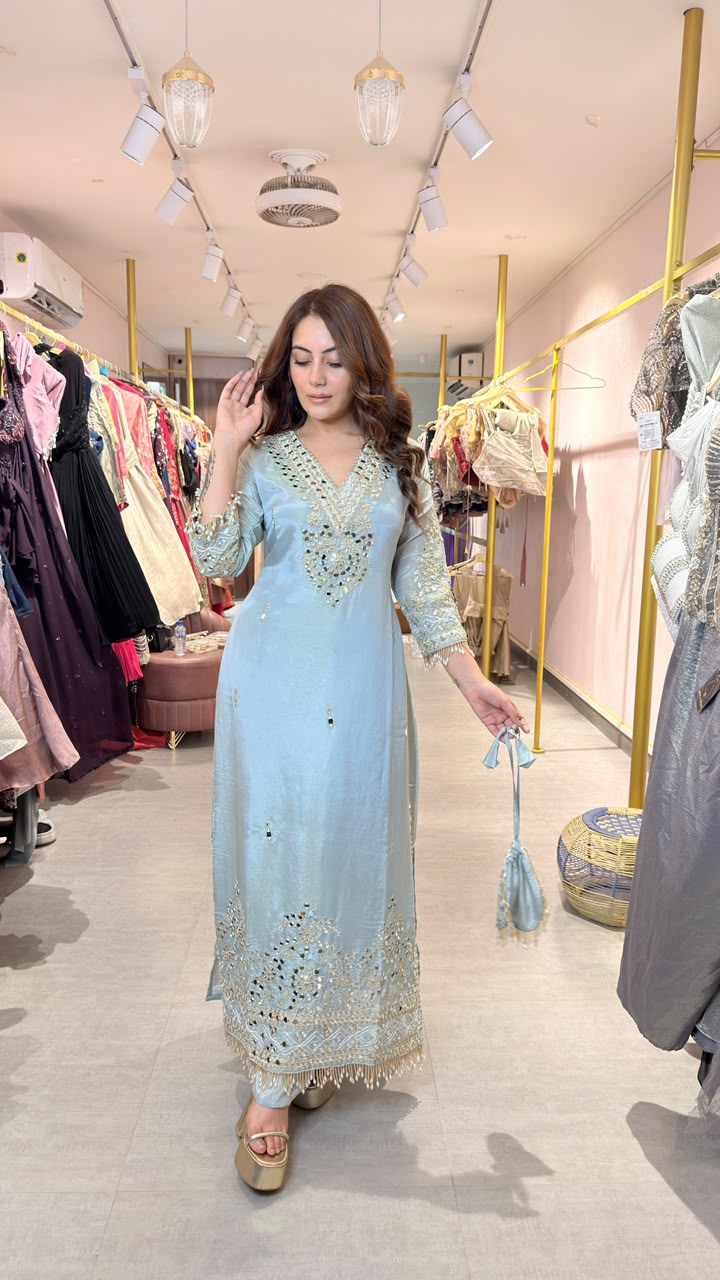 Pastel Blue Embroidered Straight-Cut Kurta Set