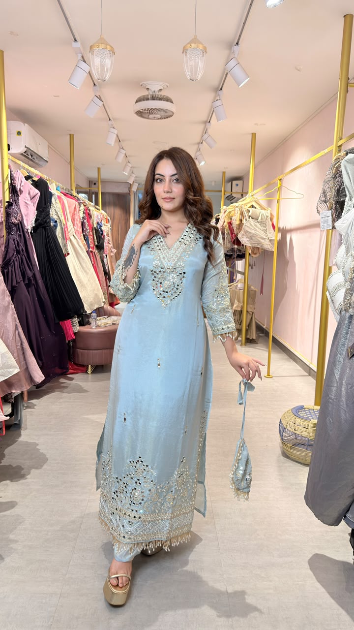 Pastel Blue Embroidered Straight-Cut Kurta Set