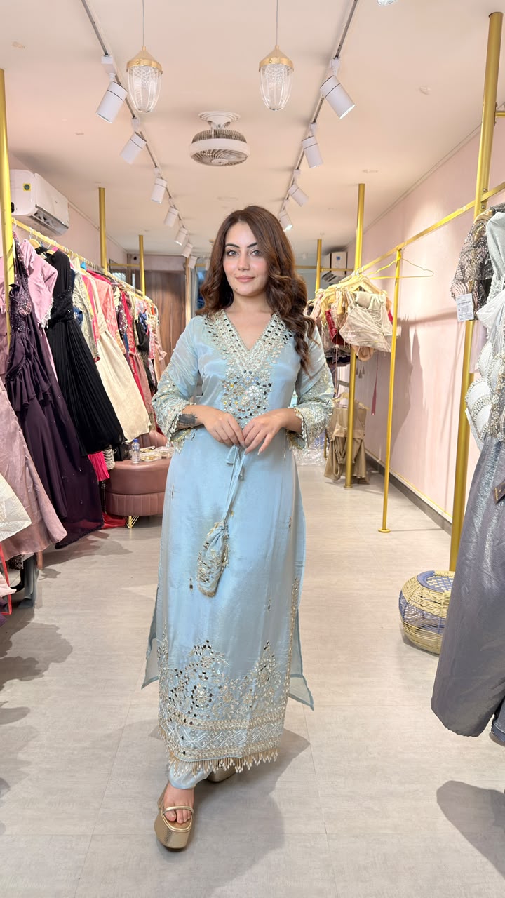 Pastel Blue Embroidered Straight-Cut Kurta Set