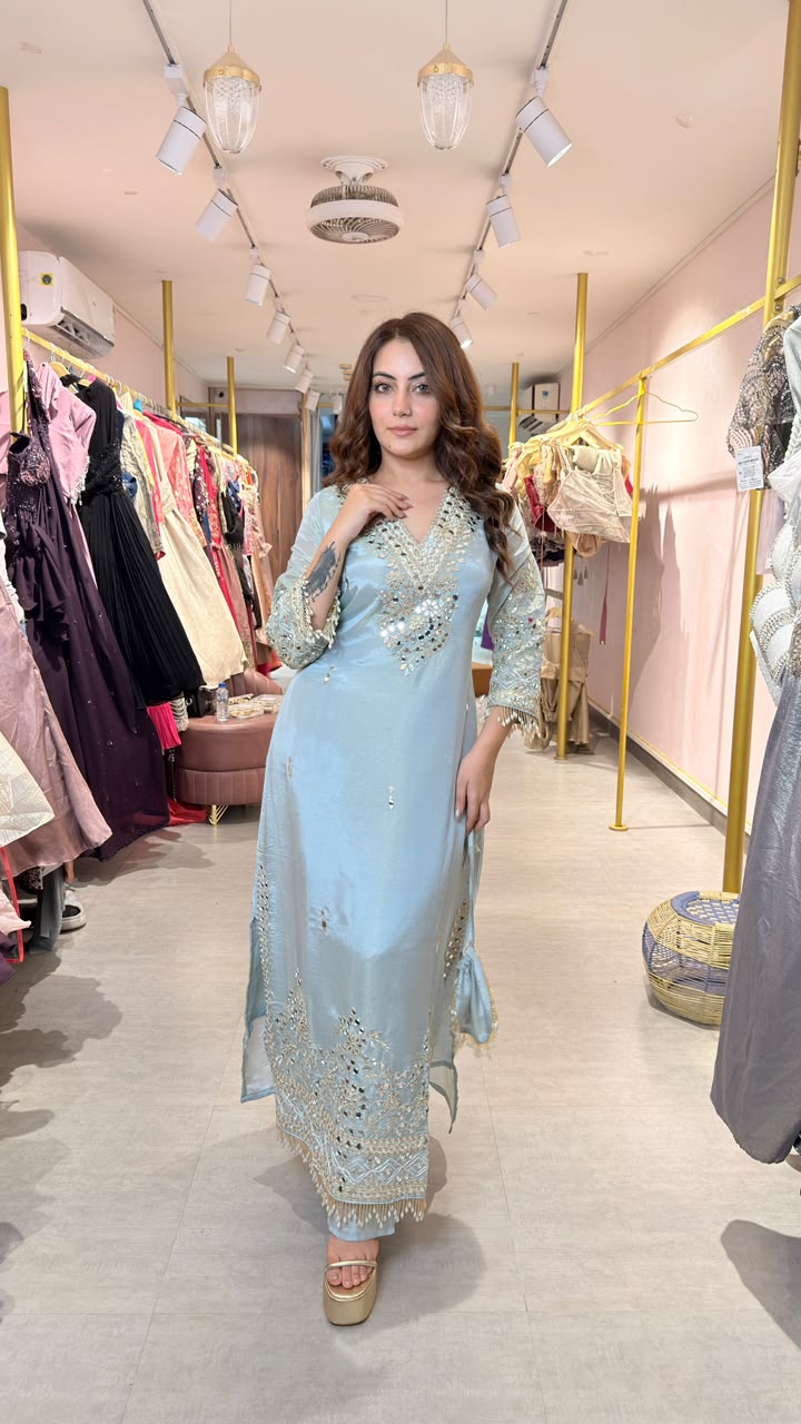 Pastel Blue Embroidered Straight-Cut Kurta Set