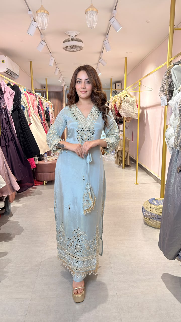 Pastel Blue Embroidered Straight-Cut Kurta Set