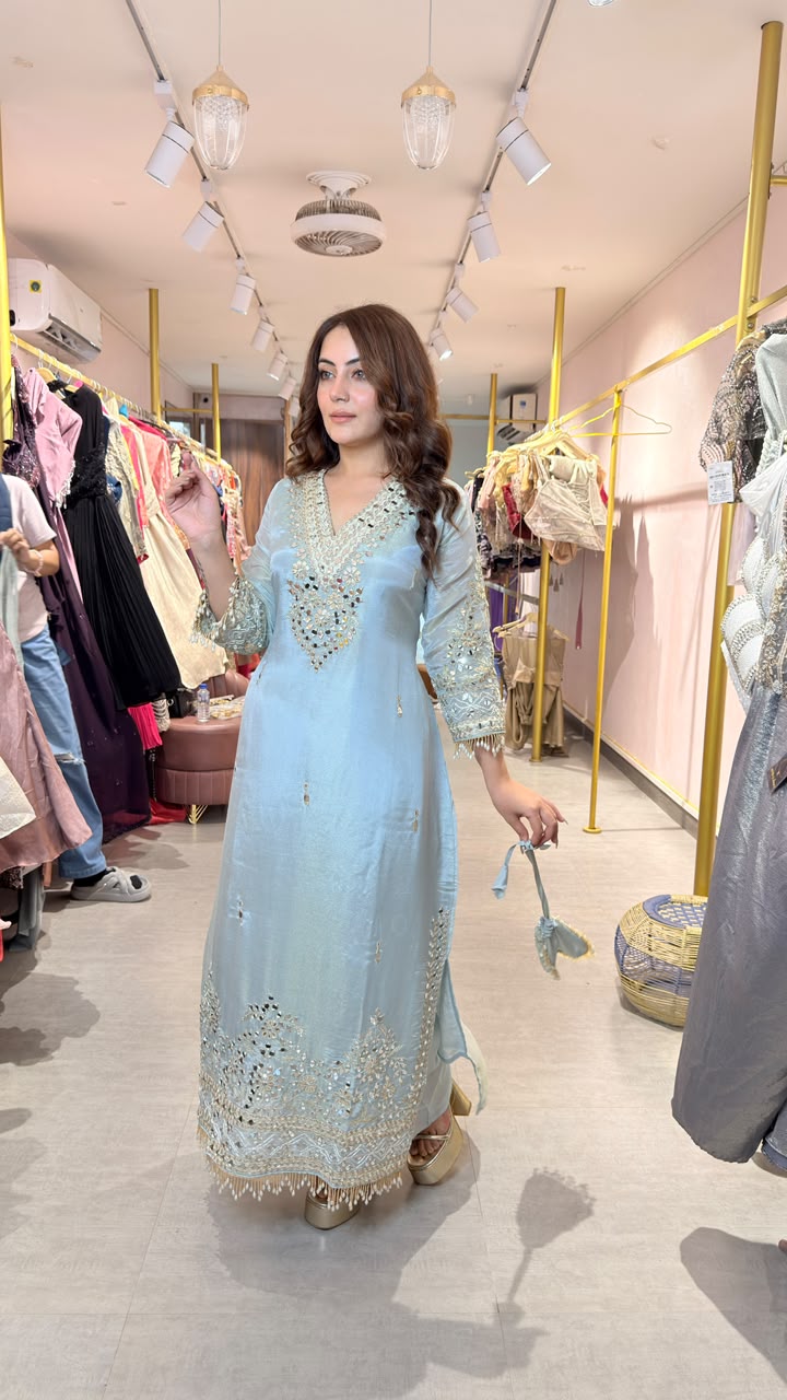 Pastel Blue Embroidered Straight-Cut Kurta Set