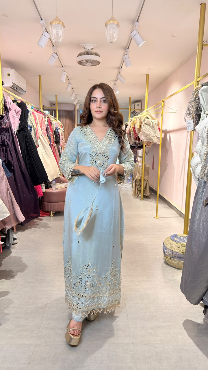 Pastel Blue Embroidered Straight-Cut Kurta Set