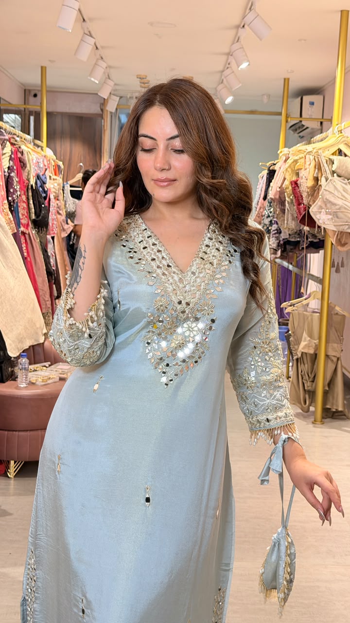 Pastel Blue Embroidered Straight-Cut Kurta Set