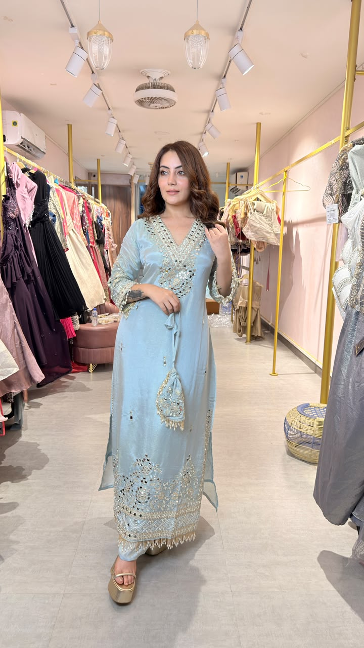 Pastel Blue Embroidered Straight-Cut Kurta Set