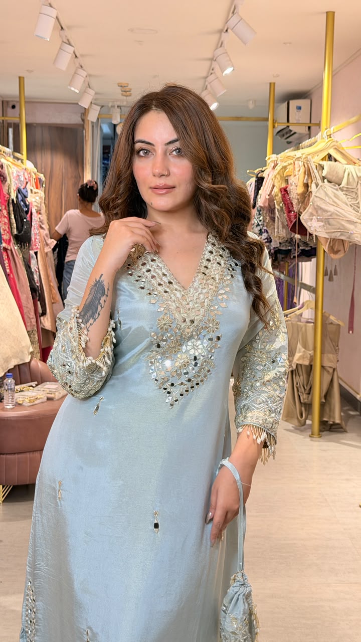 Pastel Blue Embroidered Straight-Cut Kurta Set