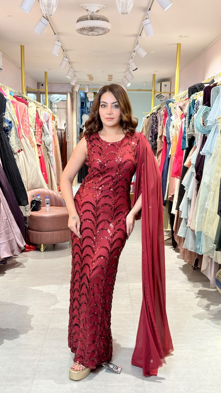 Wine Sequin Drape Gown