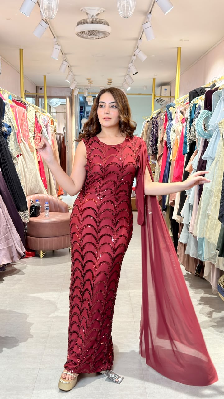 Wine Sequin Drape Gown
