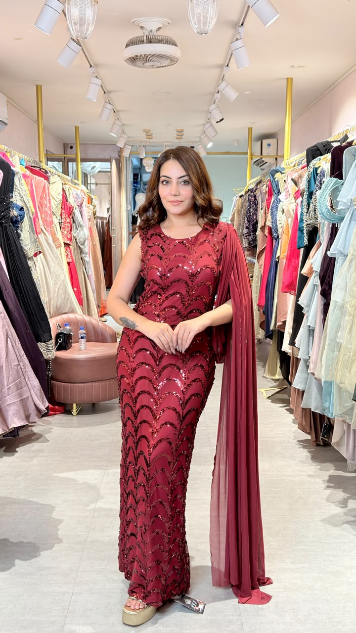 Wine Sequin Drape Gown