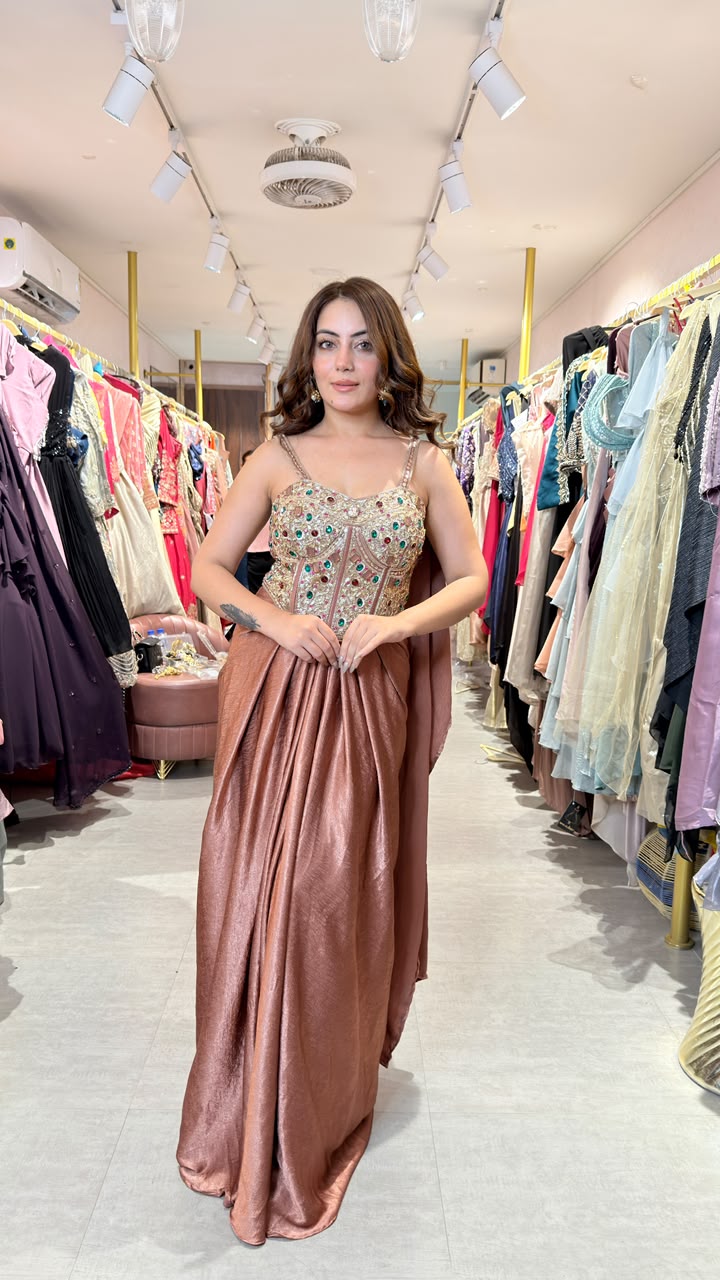 Rose Gold Embellished Drape Skirt Saree