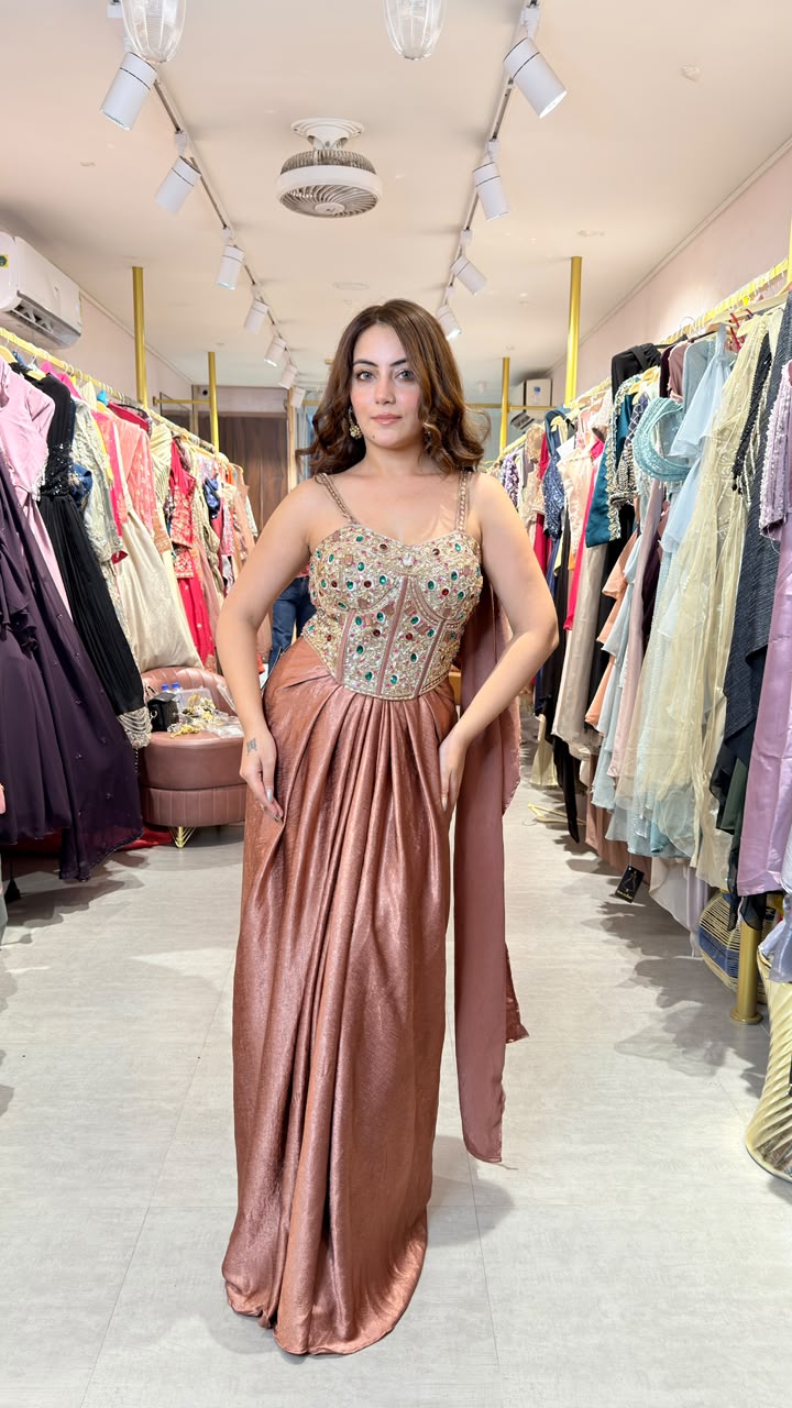 Rose Gold Embellished Drape Skirt Saree