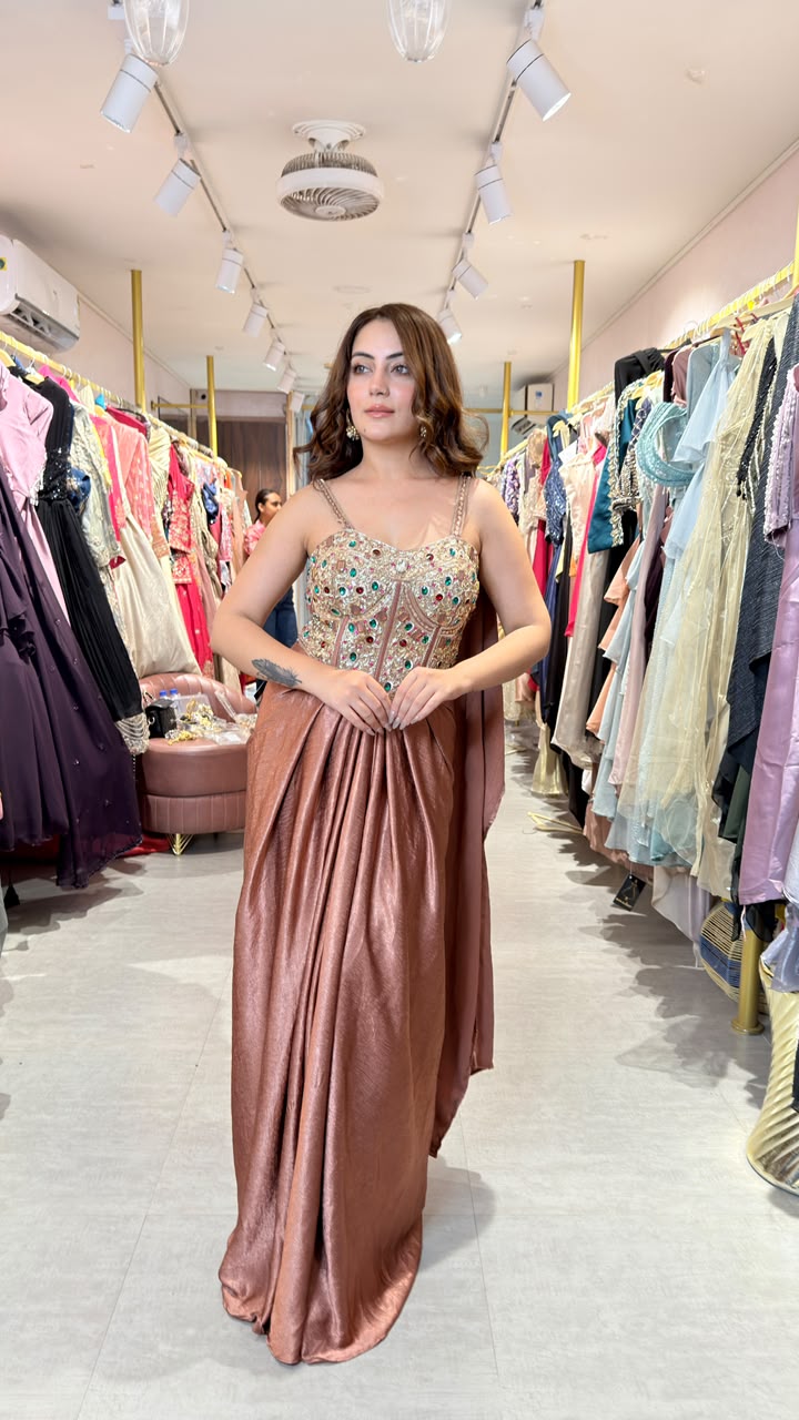 Rose Gold Embellished Drape Skirt Saree