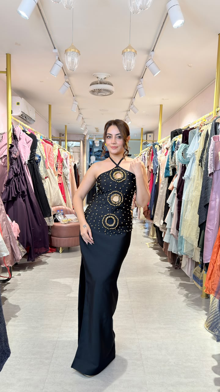 Black Embellished Halter-Neck Mermaid Gown