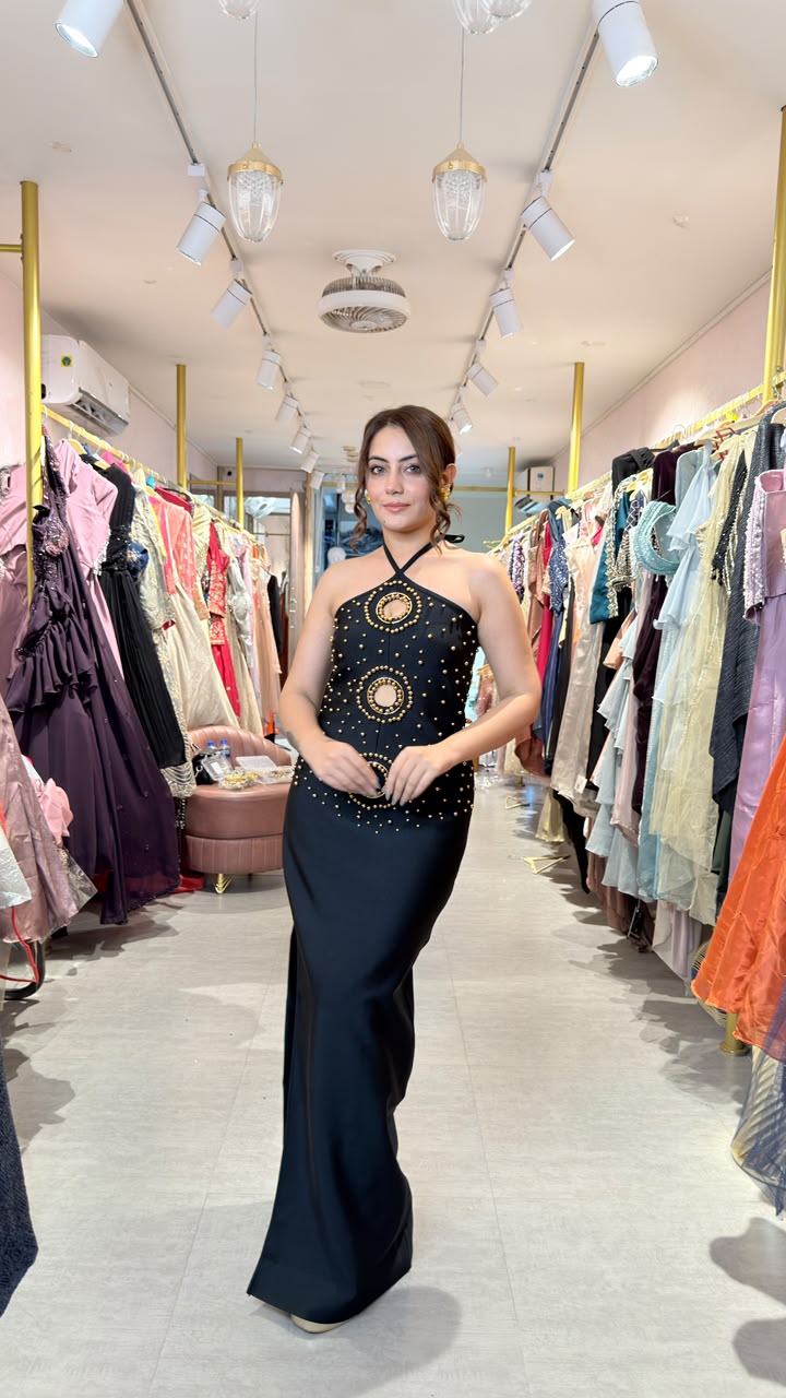 Black Embellished Halter-Neck Mermaid Gown
