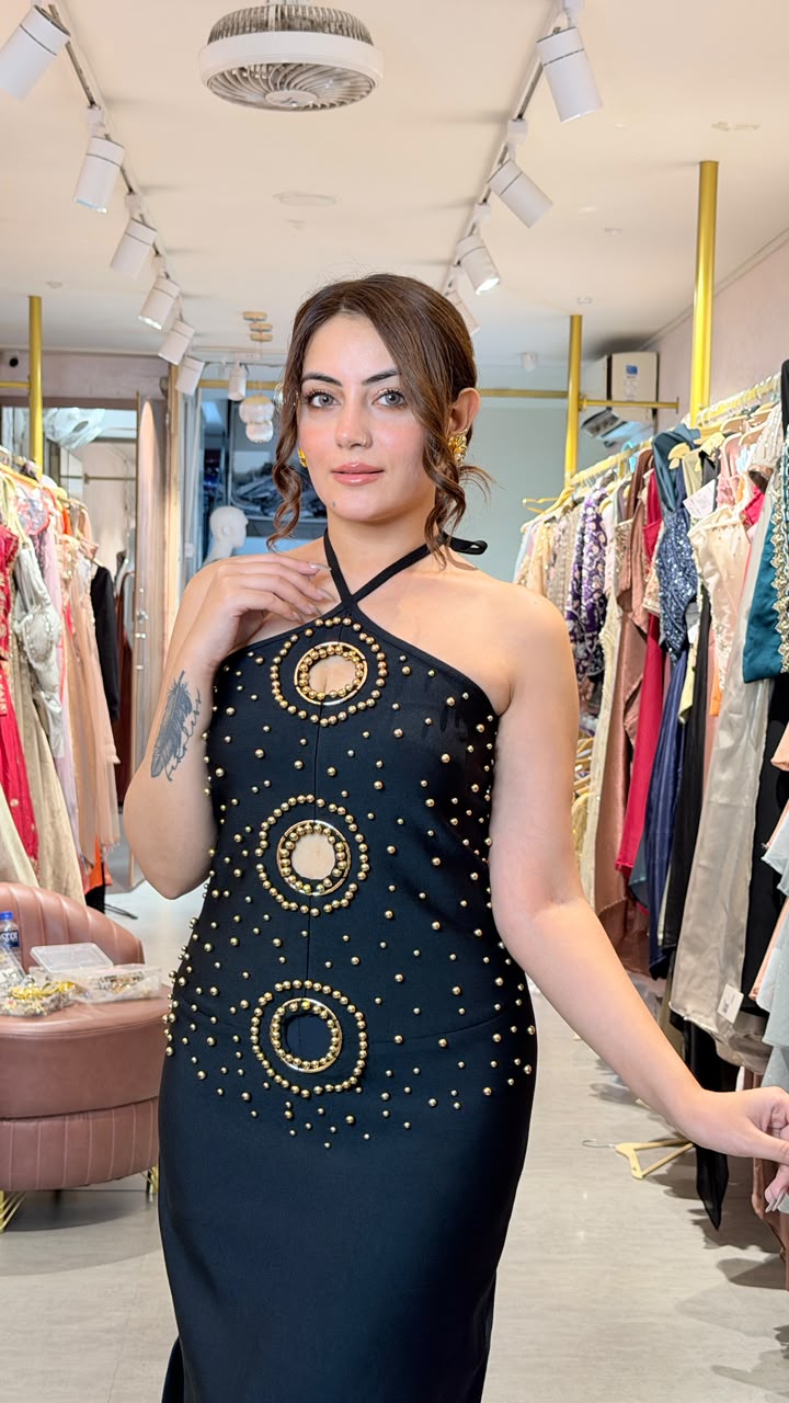 Black Embellished Halter-Neck Mermaid Gown