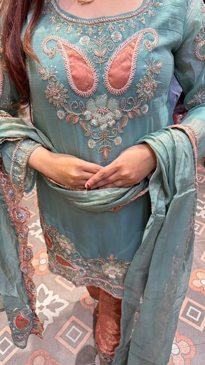 Aqua Blue Floral Embroidered Straight Suit Set