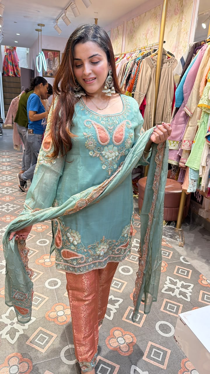 Aqua Blue Floral Embroidered Straight Suit Set