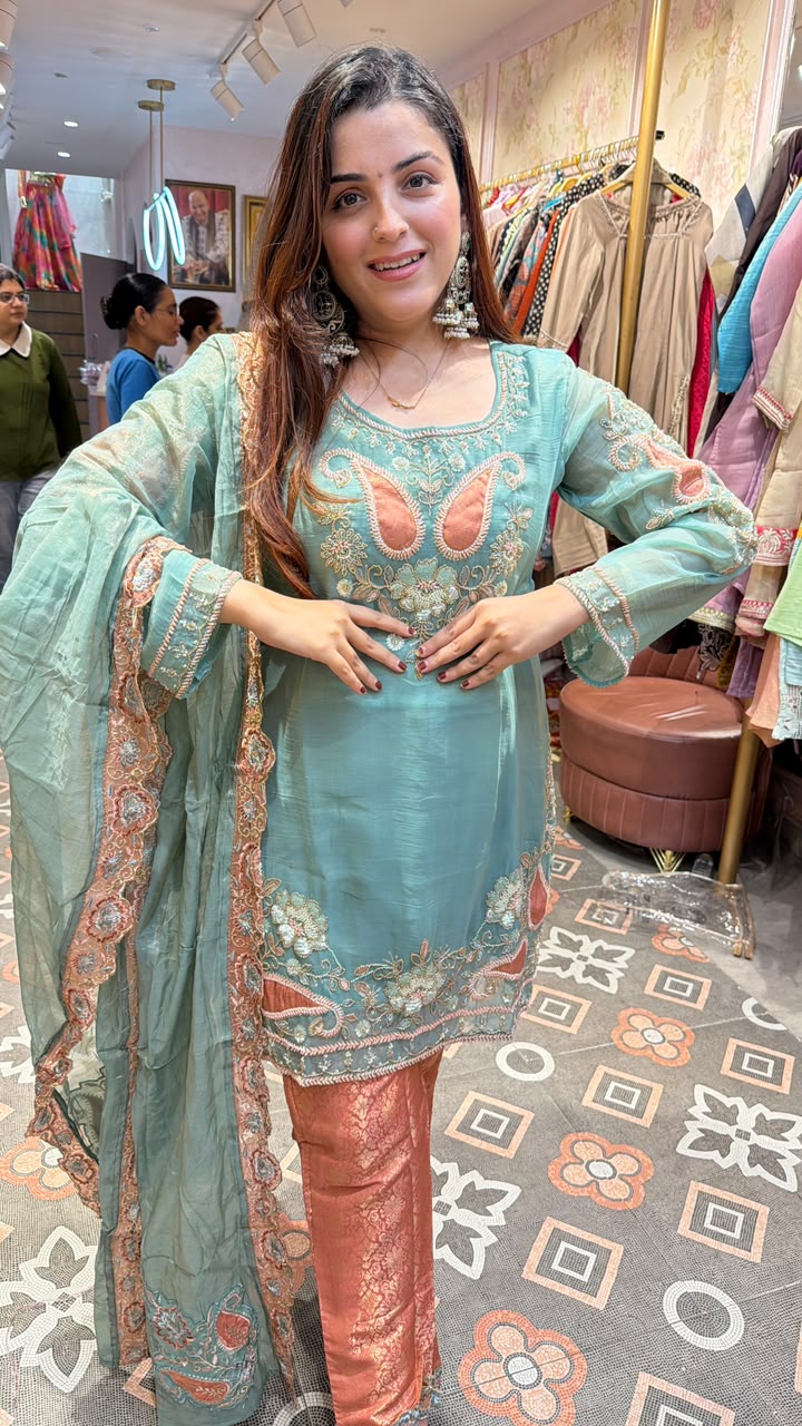Aqua Blue Floral Embroidered Straight Suit Set