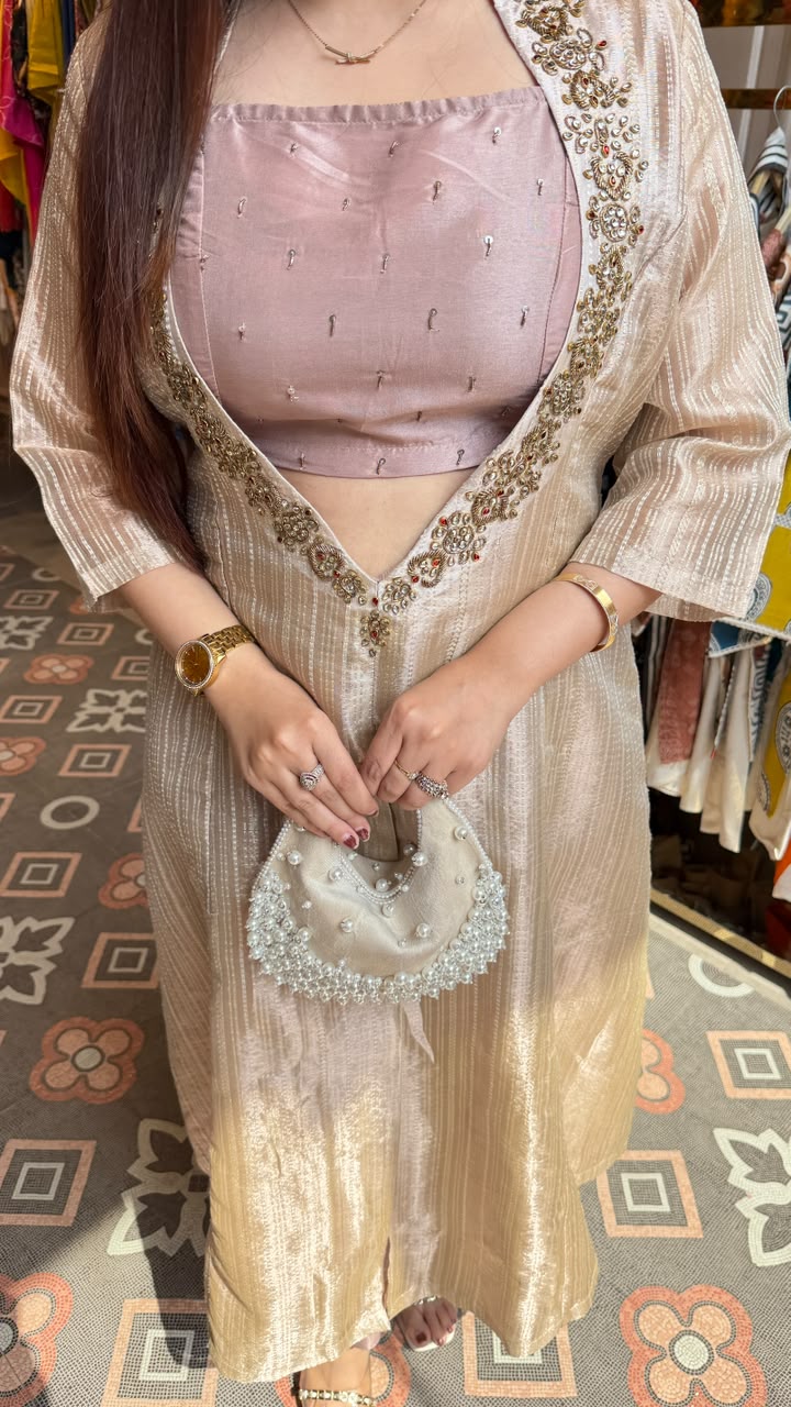 Ivory Gold Embroidered Long Kurta Set
