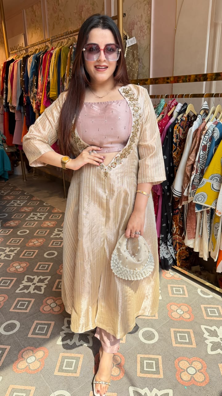 Ivory Gold Embroidered Long Kurta Set
